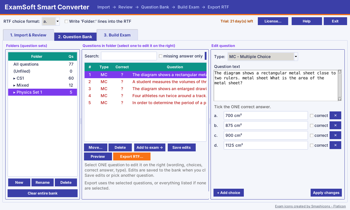 The question bank with folders, search and an editor