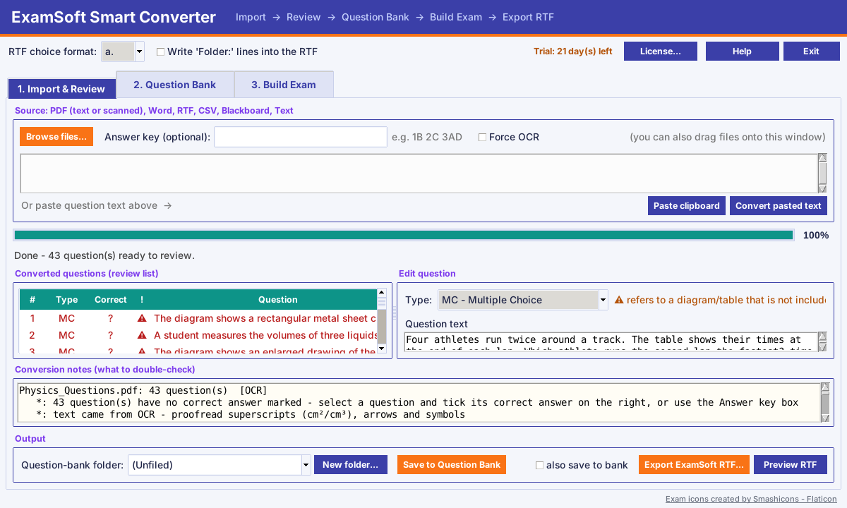 ExamSoft Smart Converter showing converted questions ready to review